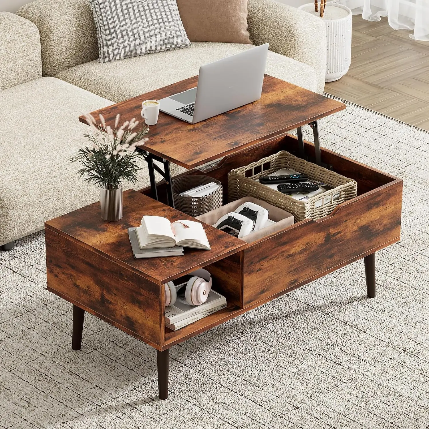 Lift Top Coffee Table with Hidden Storage & Open Shelf, Multi-Functional Wooden Table for Living Room