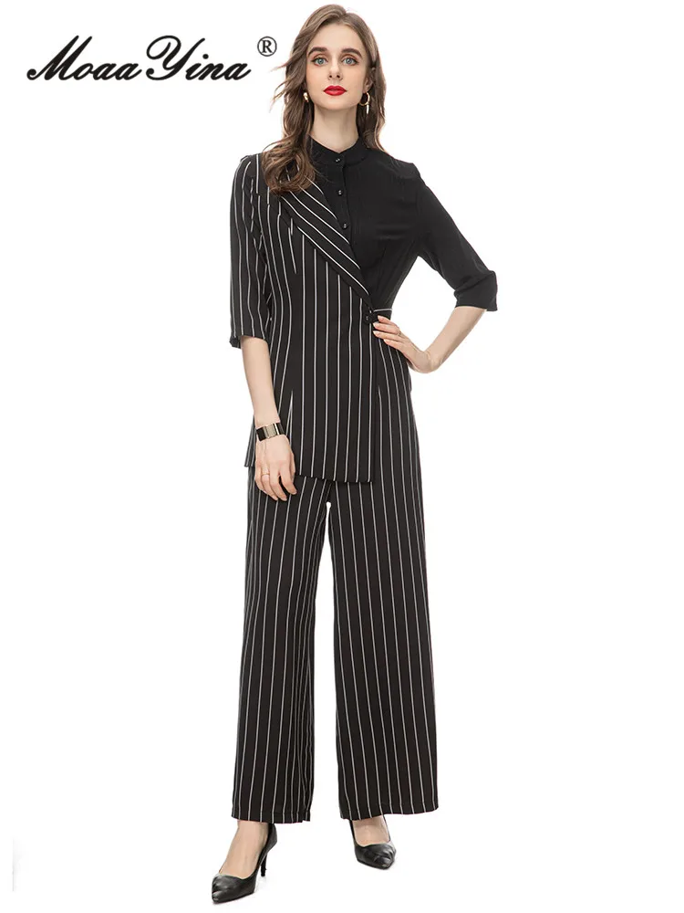 

MoaaYina Fashion Runway Summer Jumpsuits Women Stripe Print Irregular Short sleeve Office Lady Rompers Pants