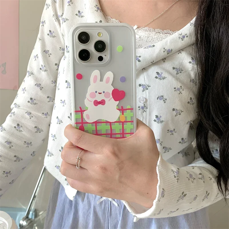 Étui de téléphone Kawaii Love Rabbit pour femme, couverture mignonne, graffiti, plaid, emballage complet, coréen, amusant, iPhone 15 Pro, 11, 12, 13, 14 Pro Max