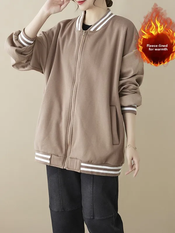 เสื้อคลุมสไตล์เรโทรลายทางต่อผ้าสำหรับผู้หญิงไซส์ใหญ่ คอตั้ง แขนยาว ซิปเปิด