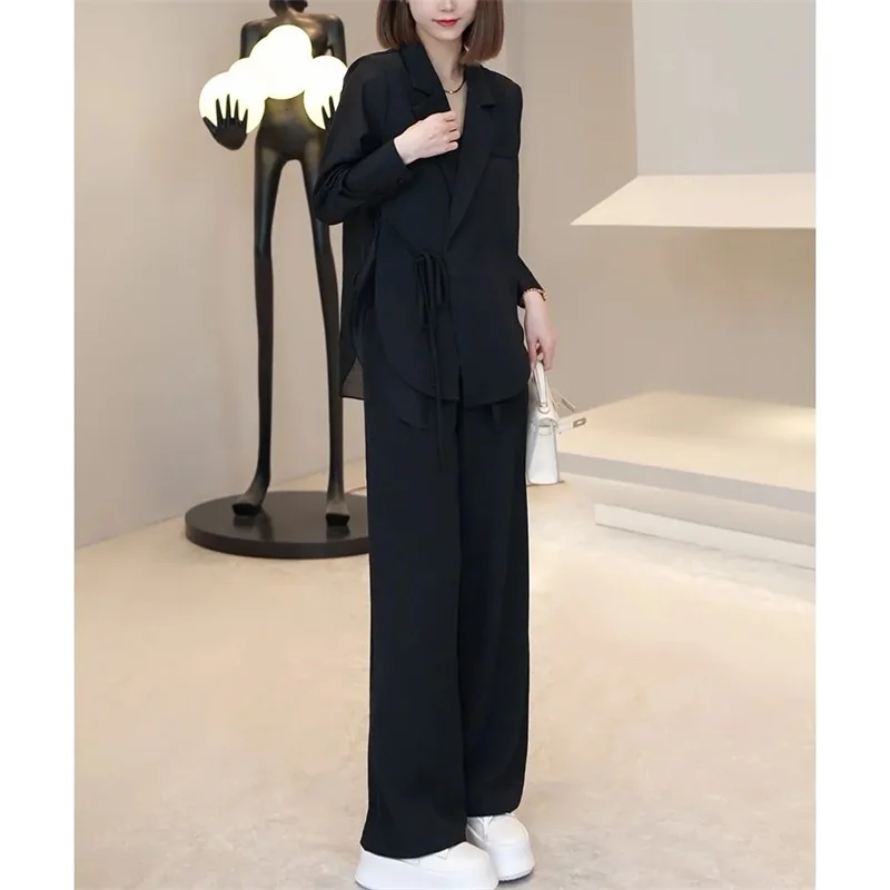 2023 High Quality Stitching and Binding Design Outerwear Showing Thin Wide Leg Pants Solid Color Two Piece Set Women's Trend V44