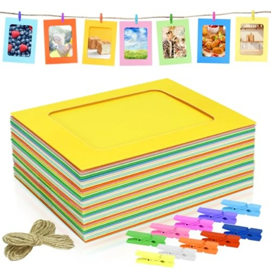 

50 Pack Paper Picture Frames, 4x6 Colorful Photo Holder with Wooden Clips and String for Wall Decor and Party Supplies