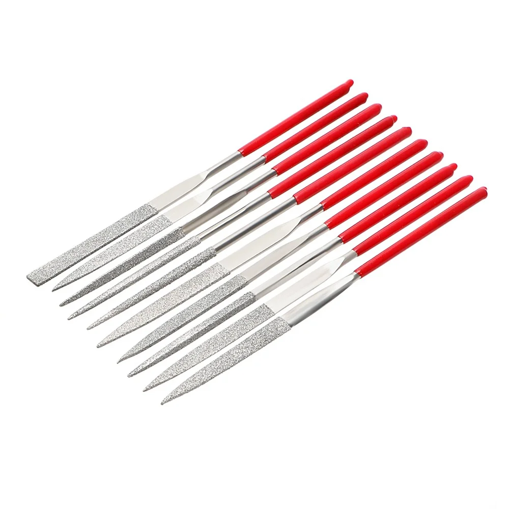 STONEGO Mini Needle File Set, 10PCS, Diamond Coated, 140mm Length, 3mm Width, for Ceramics, Glass, Gems, and Crafts