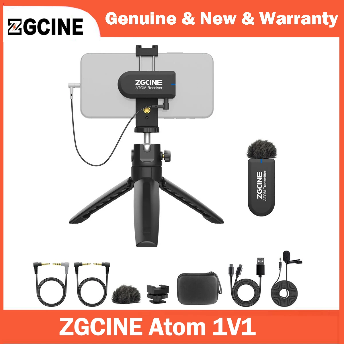 ZGCINE Atom 1V1 Wireless Microphone System with Lavalier Mic, Phone Clamp & Tripod (2.4 GHz)