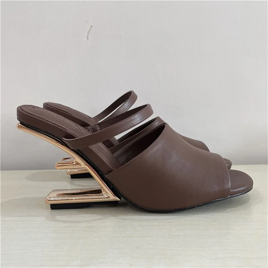 Designer Brown Women Slippers Sexy Peep Toe Dress Pumps 2024 New Summer Outdoor Mules High Heel Sandals Wedge Shoes Woman