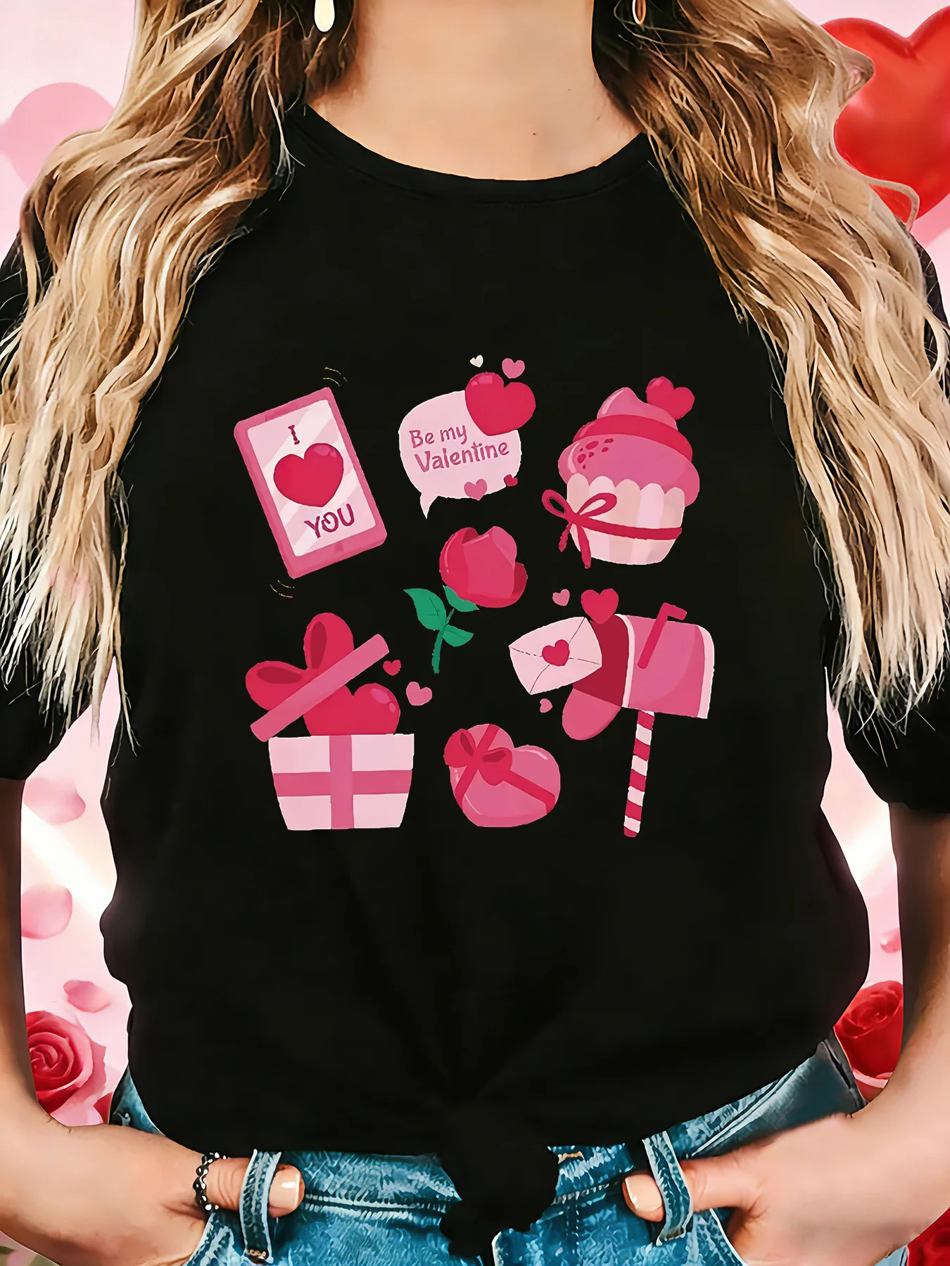 

Valentine's Day Women's Short Sleeve T-shirt Be my Valentine & Gift Graphic Print Crew Neck Casual Daily Top For Summer & Spring