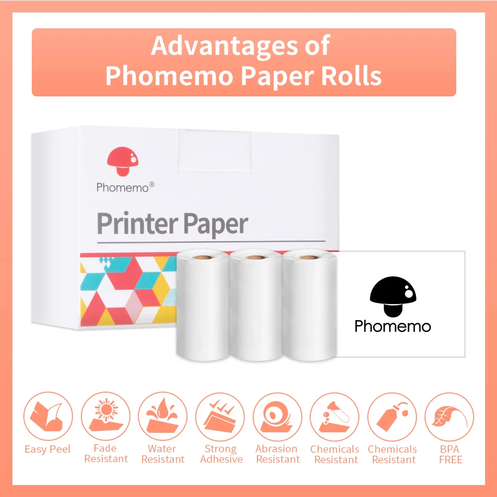 Phomemo-pegatinas de papel autoadhesivas térmicas, 3 rollos/caja para impresora de etiquetas portátil M02/M02S/M02Pro/M03, mantiene 20 años