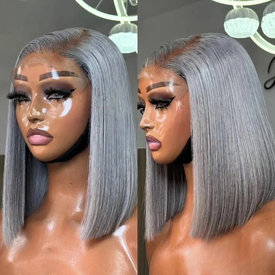 

Темно-серый Короткий Боб Парик Фронта Шнурка 13x4 HD Короткий Прямой Парик Фронта Шнурка Предварительно Сорванный Бесклеевой Синтетический Высокое Качество Косплей