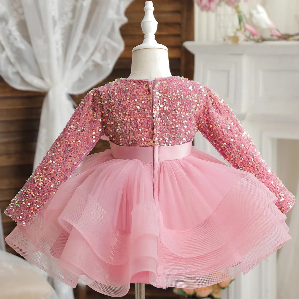 Girls Clothing Sequins Bow Puffed Princess Ball Gown For Kids Communion Graduation Birthday Banquet Evening Dress 3-10 Years Old