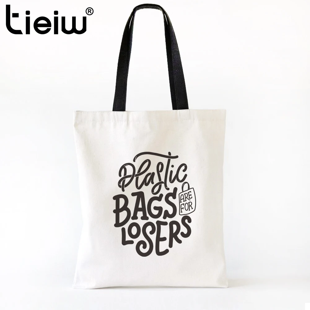 Eco-Friendly Reusable Shopping Bag Canvas Tote Bag with “Plastic Bags are for Losers” Large and Sturdy Black and White