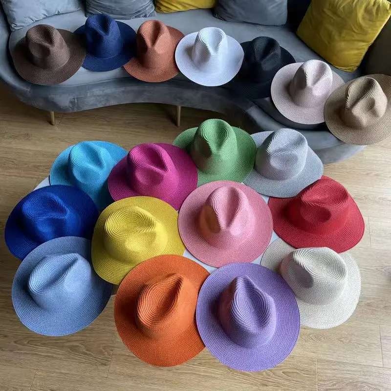 Fedora de paja sólida unisex, sombrero de jazz para hombres y mujeres, venta al por mayor, sombrero de sol clásico, sombrero de vaquero para playa,