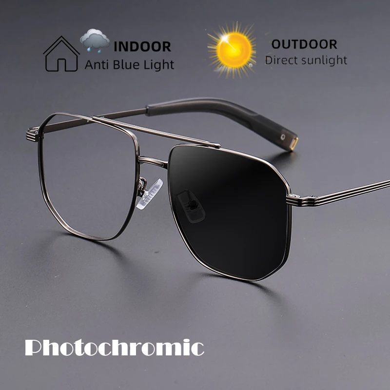 Men β Titanium Double Beam Oversized Frame Photochromic Prescription Glasses Anti Blue Light Hyperopia Myopia Custom Eyewear - Image 3