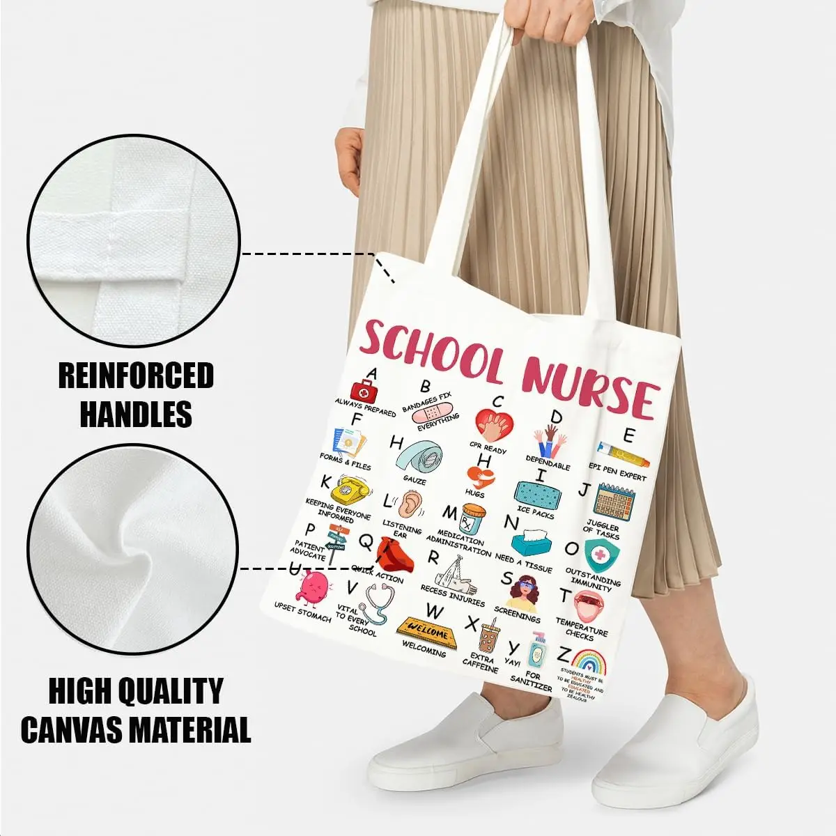 Nurse Appreciation Gift Canvas Tote Bag School Nurse Alphabet Medical Graphic Print Reusable Daily Shoulder Shopping Bag