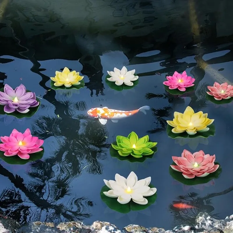 Floating Flowers Water Lily LED Candles,12PCS Floating Lotus Tea Lights- for Pool,Bath,-Water Activated Lotus Flower Pool Lights