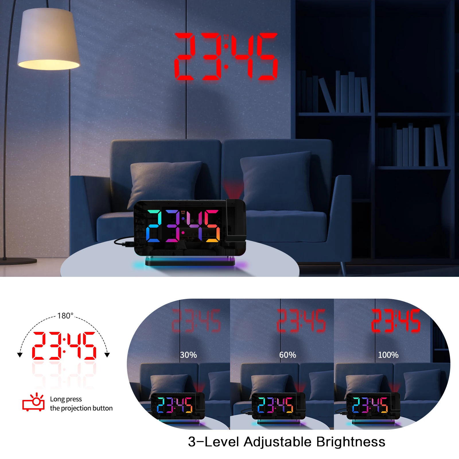 Projection Alarm Clock for Bedroom 7-inch RGB Colorful LED Digital Clock with Mirror Surface 6-level Brightness Dimmer Projector