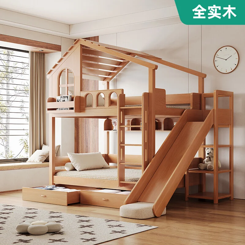 Full solid wood tree house bed Children's upper and lower beds Bunk beds Household high and low child and mother beds Upper and