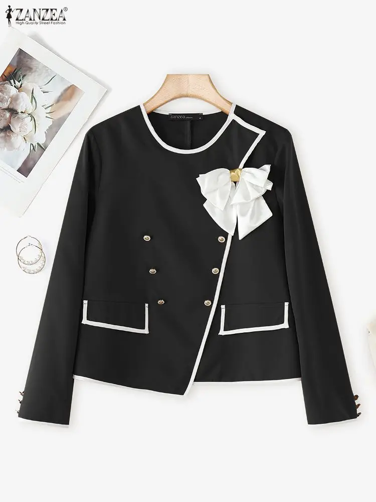 ZANZEA Autumn Elegant OL Blazer Double Breasted Long Sleeve Coats Women Fashion Bow Office Outerwear 2025 Casual Street Jackerts