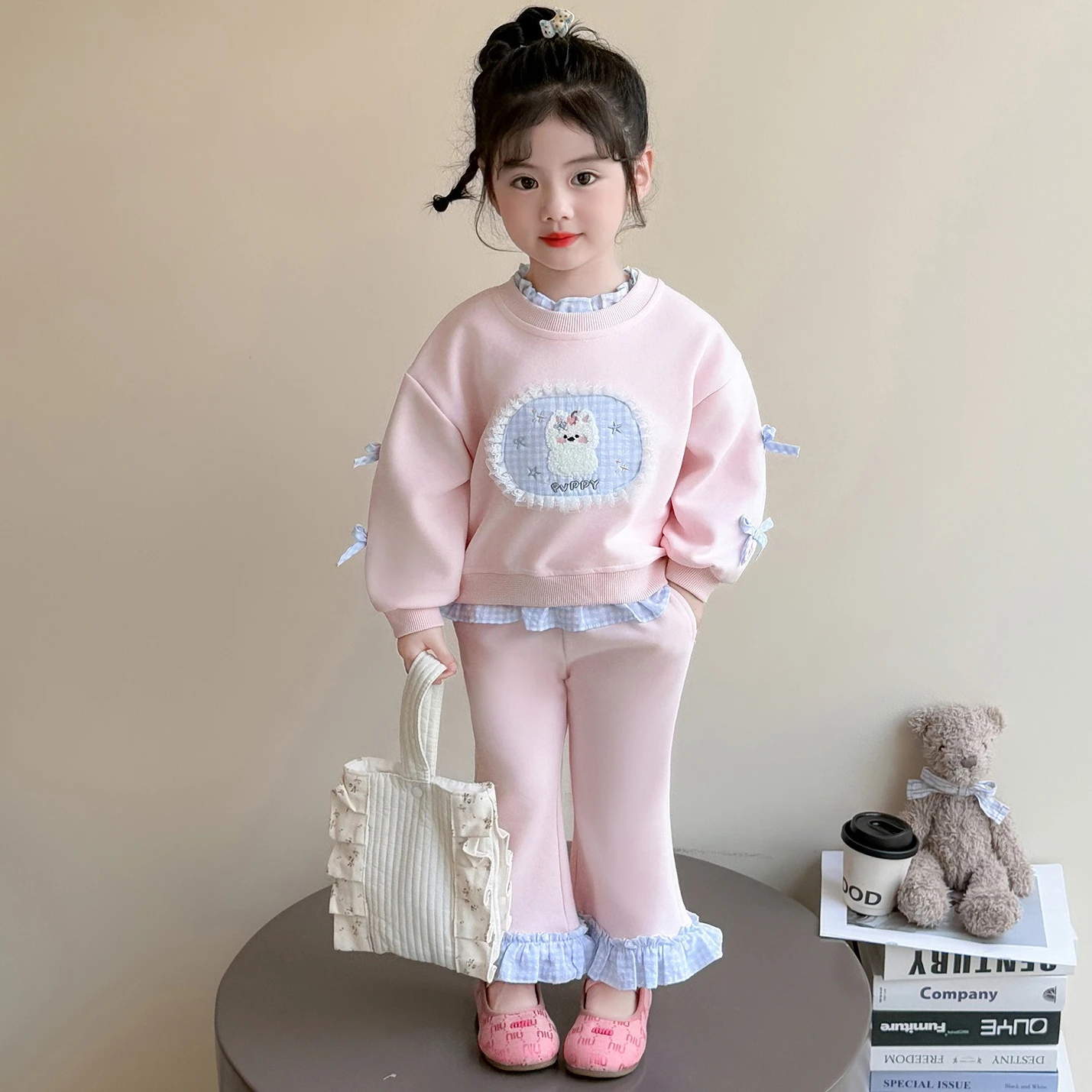 

Girls Suit 2025 Autumn New Childrens Clothes Girls Baby Fashion Plaid Lace Cartoon Hoodie Two-piece Set Casual Simple