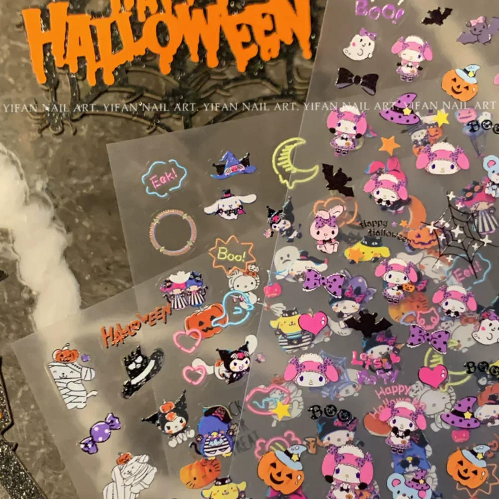 Pegatinas de uñas Sanrio de dibujos animados de colección de Halloween, calcomanías de Anime de HelloKitty Melody Kuromi, decoración de uñas, prensa DIY en uñas