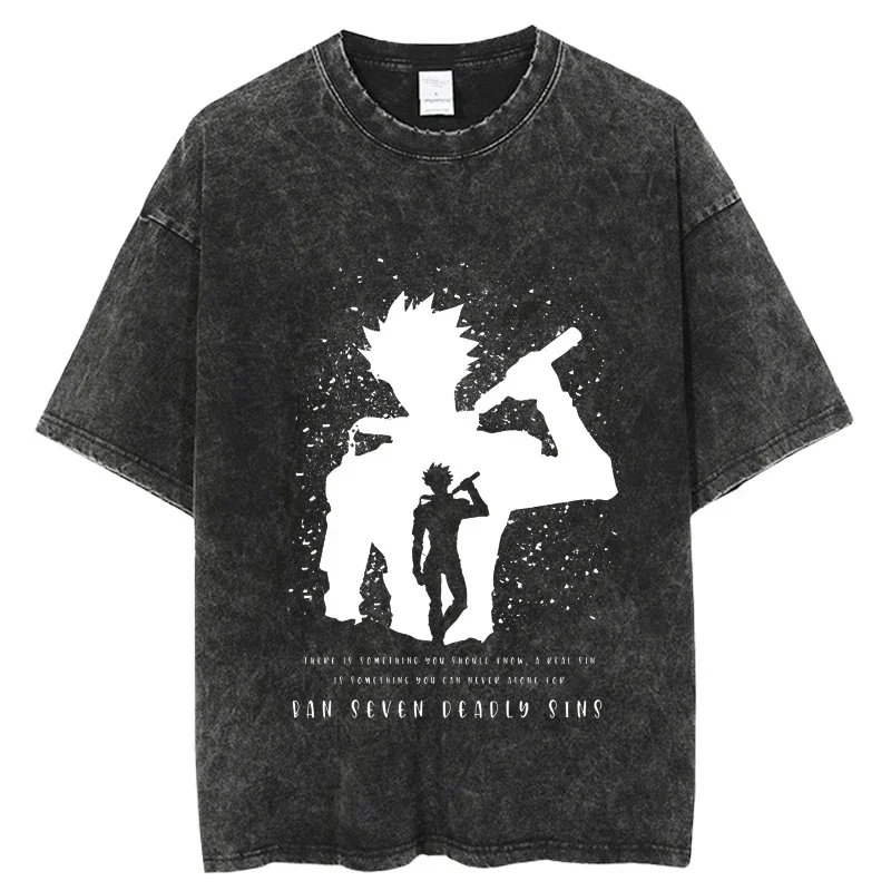 Hotsale The Evevn Deadly Sins Hip Hop Washed T-Shirt Streetwear Harajuku Ripped Oversize Graphic Printed T Shirt Spring Short