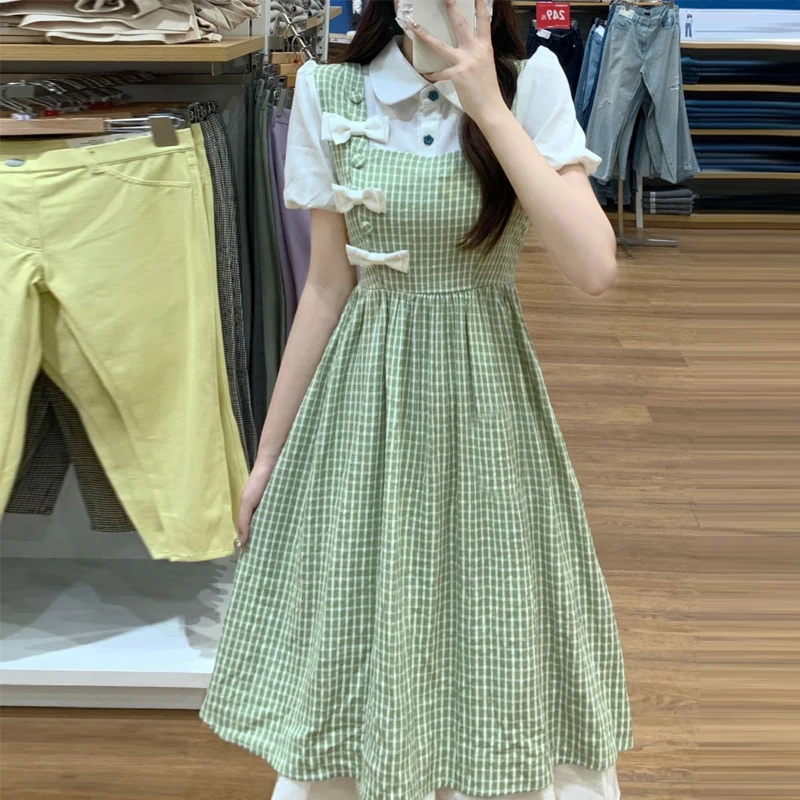 Frauen chinesischen Stil Vintage Plaid Print Patchwork doppels chichtige Midi-Kleid Sommer adrette