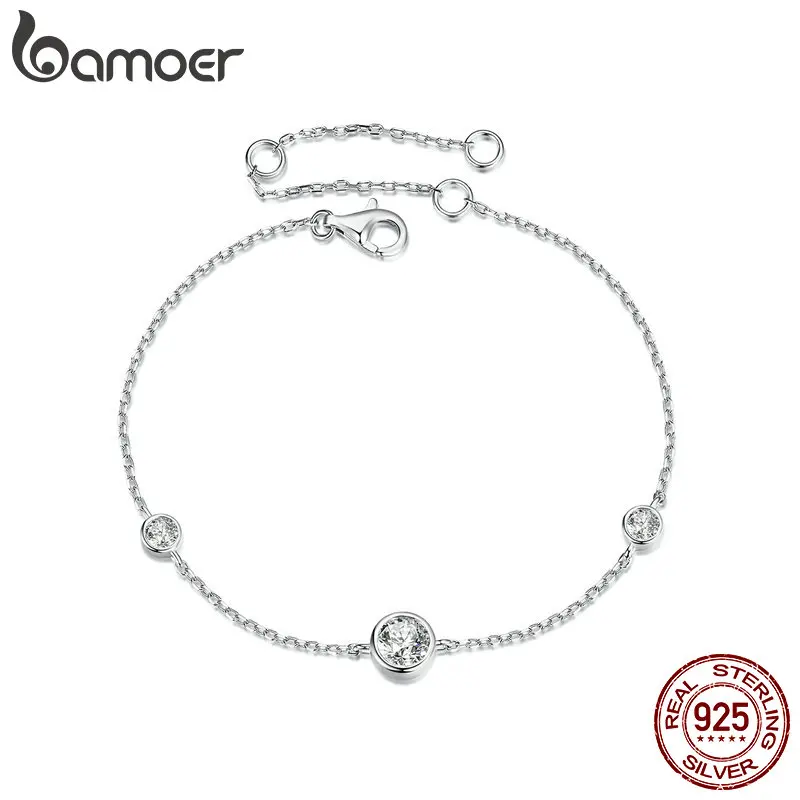 BAMOER 925 Sterling Silver Bezel Setting Starry Moissanite Chain Bracelet for Women Anniversary Jewelry Gift MSB018