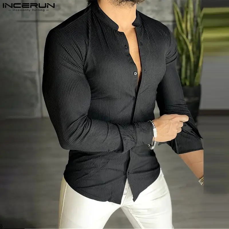 INCERUN Men Shirt Solid Color Stand Collar Long Sleeve Casual Men Clothing Streetwear 2024 Fitness Fashion Leisure Male Shirts