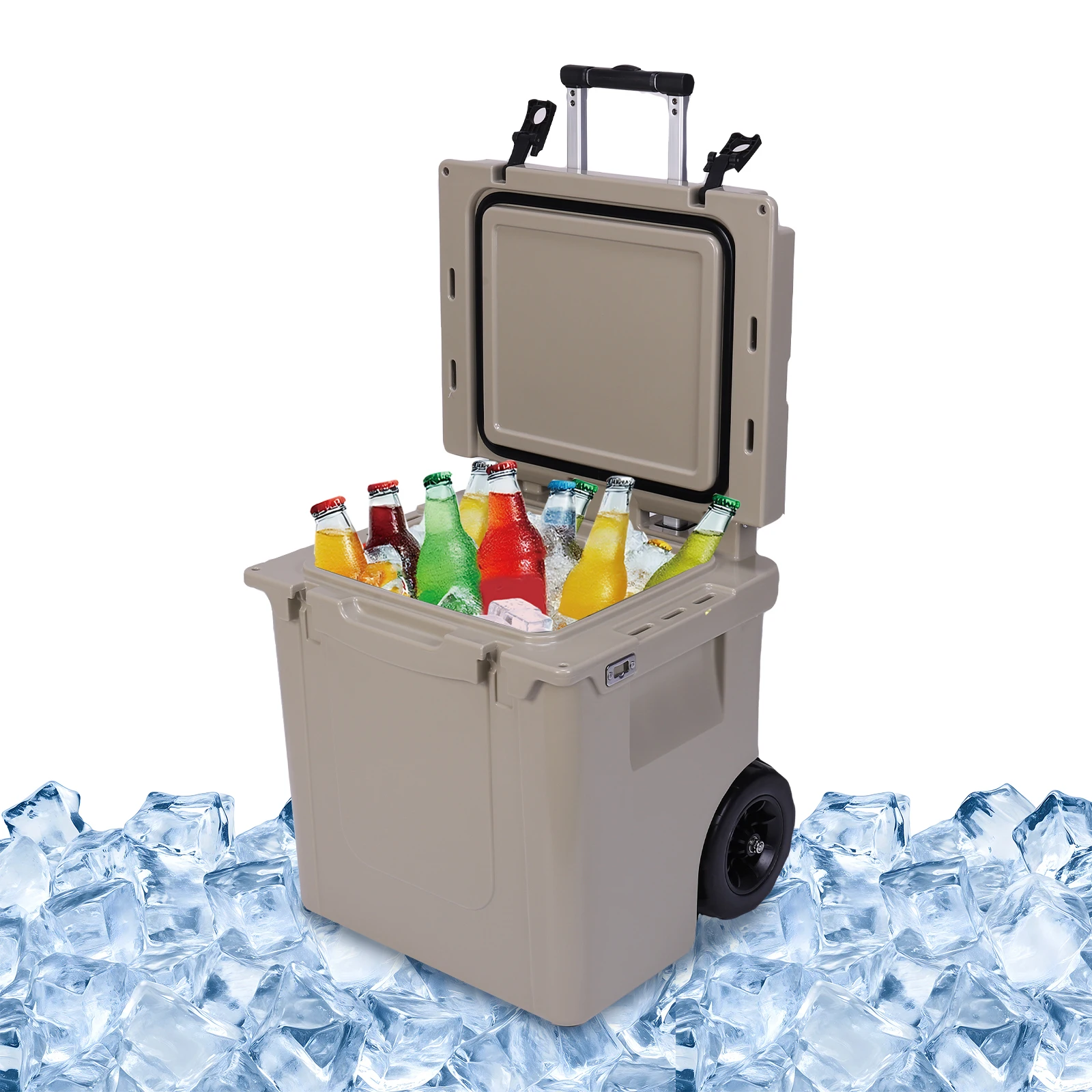 

5L 48 Wheeled Cooler with Retractable Periscope Handles/Leak-Proof Tight Latches Rolling Cooler for Beach Camping Fishing