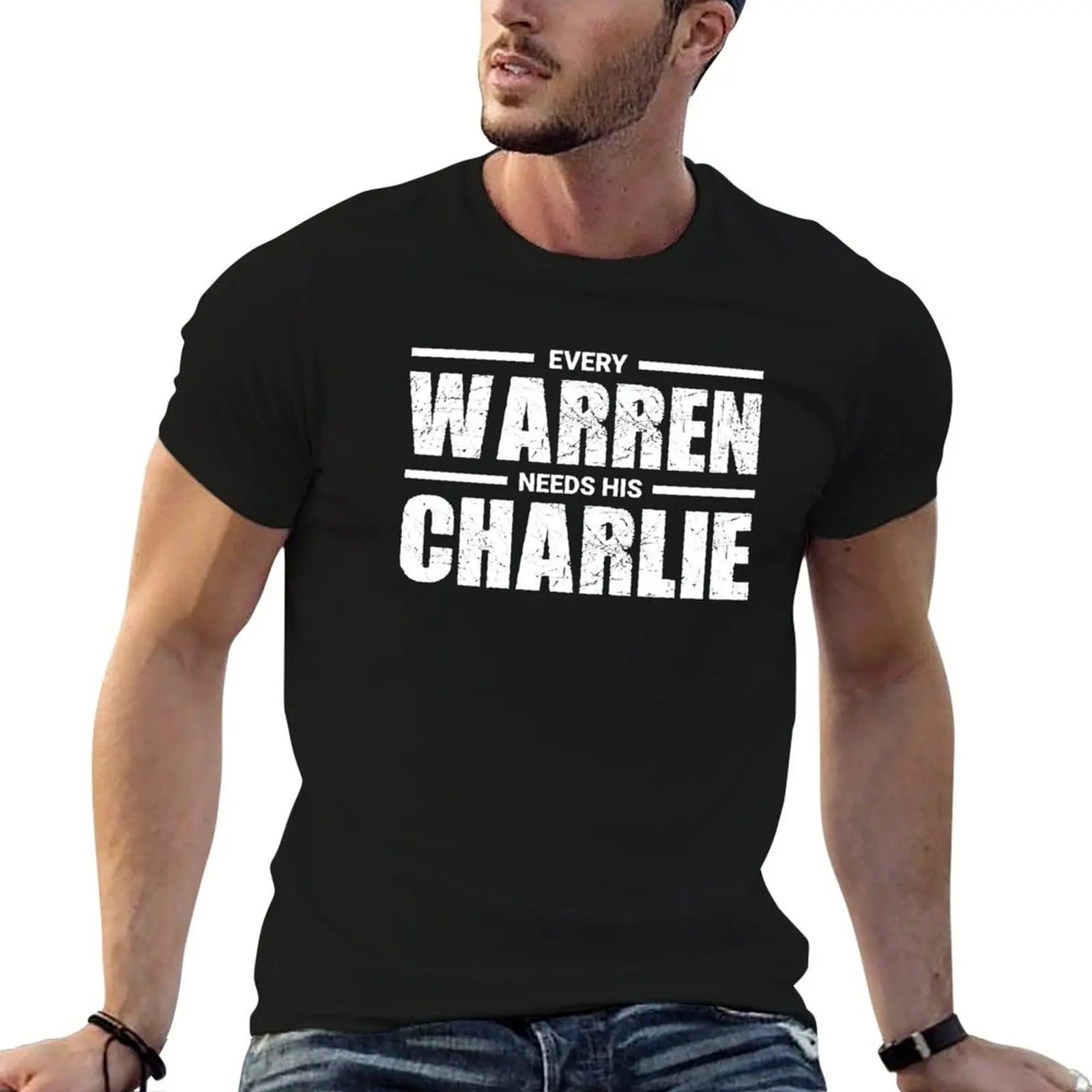 Every Warren Needs His Charlie T-Shirt blue archive graphic t shirts mens cotton t shirts