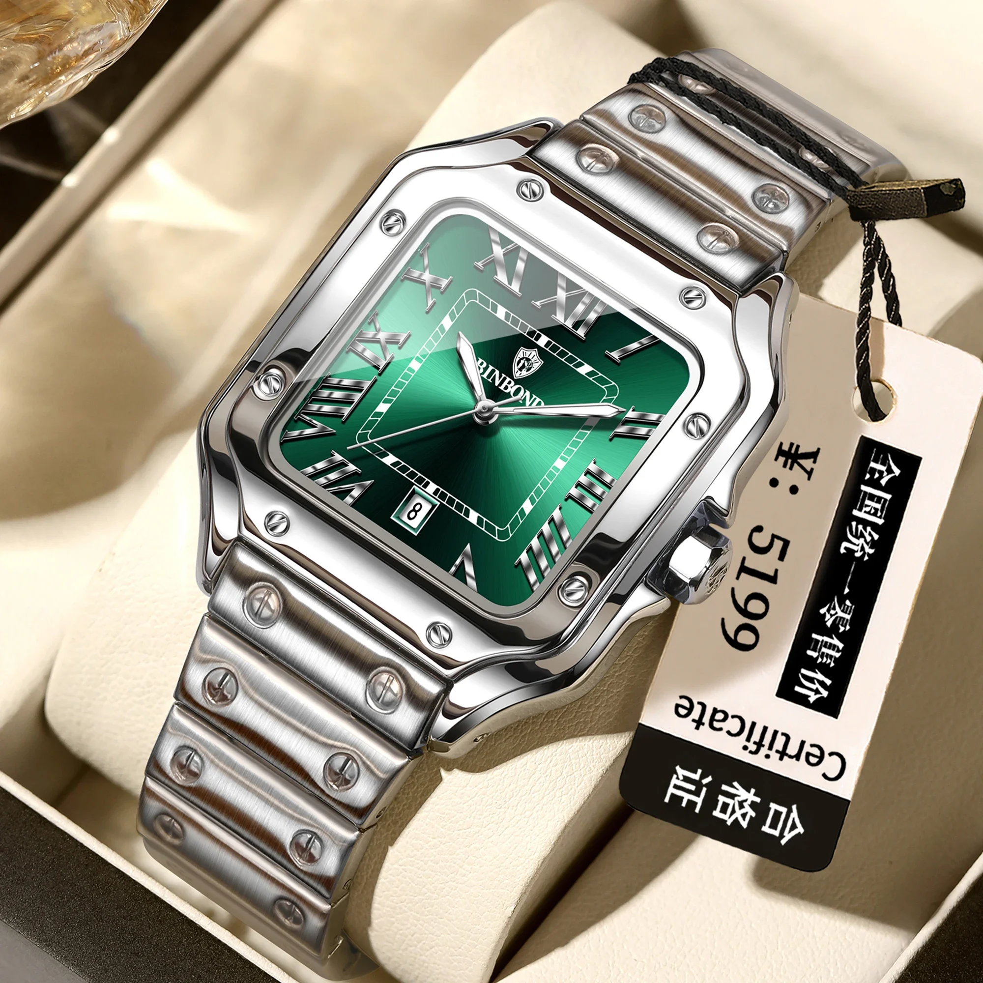 BINBOND 7868 Fashion Men's Watch Stainless Steel Strap with Octagonal Screw Quartz Movement, High End Quartz Men's Watch