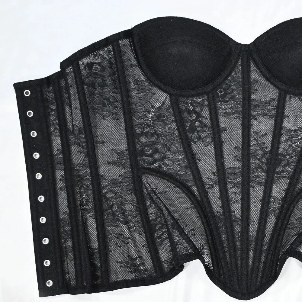 Women Mesh Corset Busiter Overbust Cups Push Breast Floral Lace Bodice Sext Tansparent Strapless Crop Tops Lace Up Steel Boned view 6