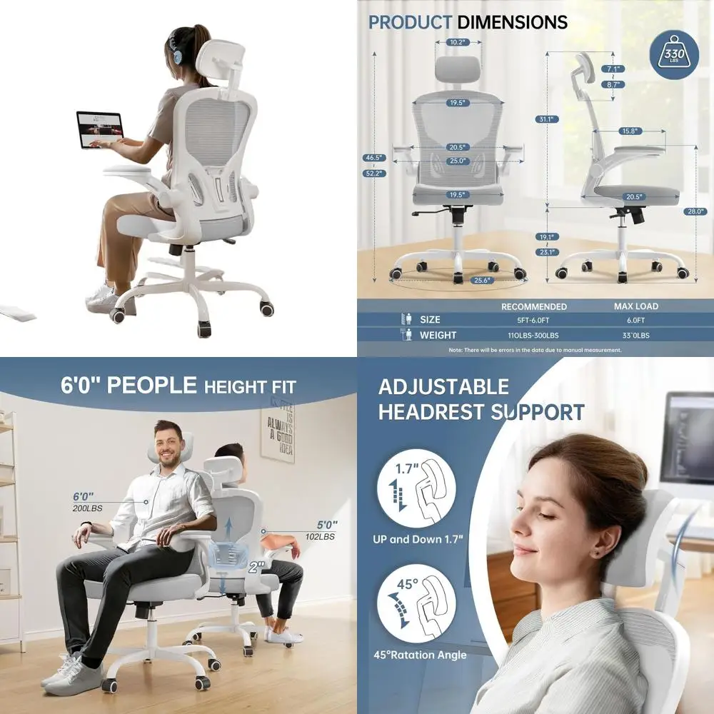 كرسي دوار مريح عالي الظهر، سعة 330 رطلاً، مريح لساعات طويلة، مساند للذراعين قابلة للطي، أبيض ورمادي