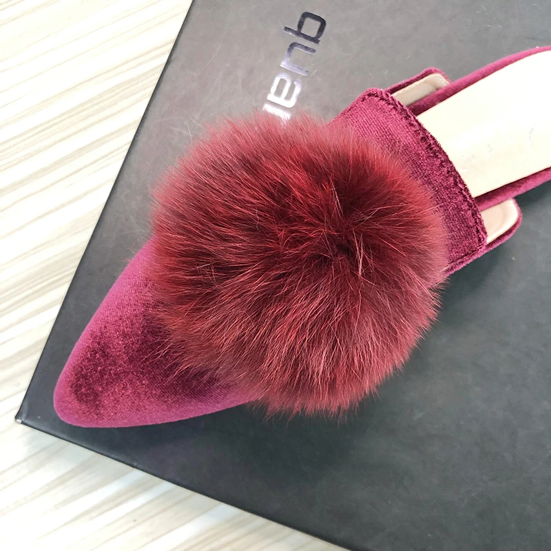 Women Mules Pointed Toe Flock Leather Big Furry Ball 2022 Spring Summer Stylish Slippers for Women Size 33-43 Solid Color Flats