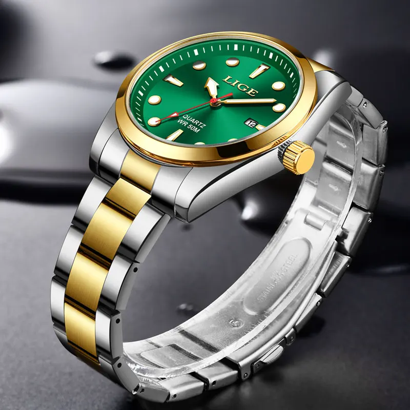 Fashion LIGE Top Brand Luxury Watch Men 50M Luminous Waterproof Watch Green Stainless Steel Sport Mens Watches Date Quartz Clock