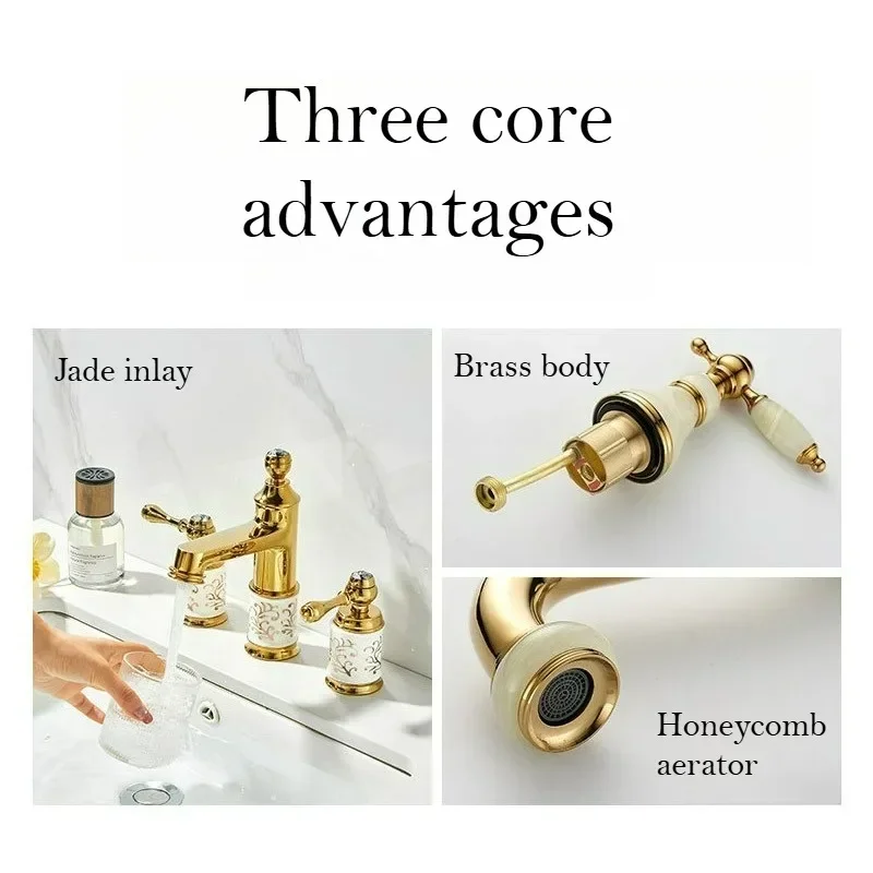 Luxury Gold Ceramic Bathroom Faucet with Brass Basin Double Handle Hot And Cold Water Split Three-Hole European Style Sink Fauce