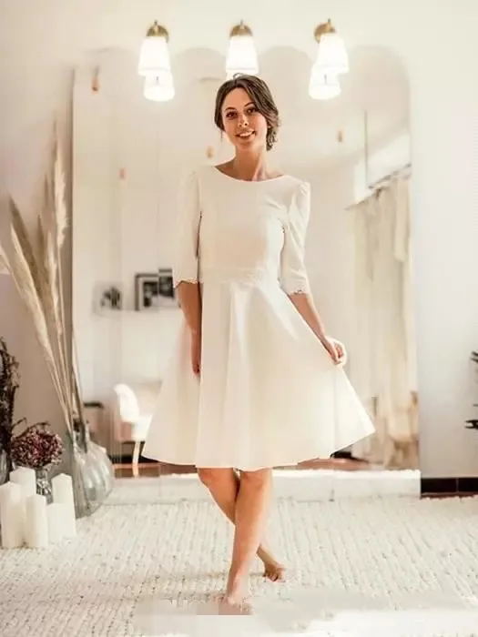 

Boho Short Wedding Dresses A-line Half Sleeves Satin Beach Wedding Gown Bridal Dress Vestido De Noiva