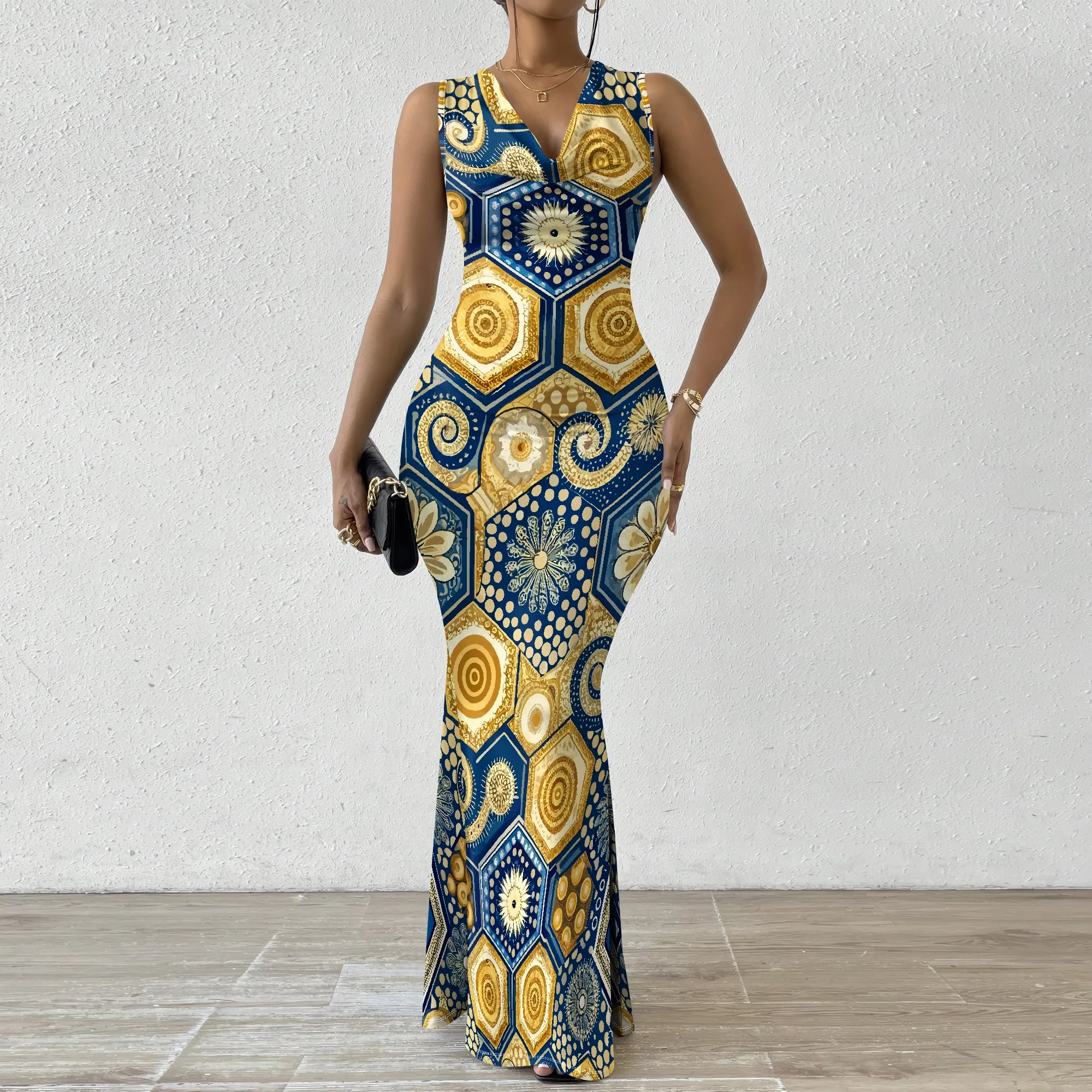 

Elegant Women's V-Neck Sleeveless Maxi Dress Golden Geometric Print Formal Party Gown XS-2XL