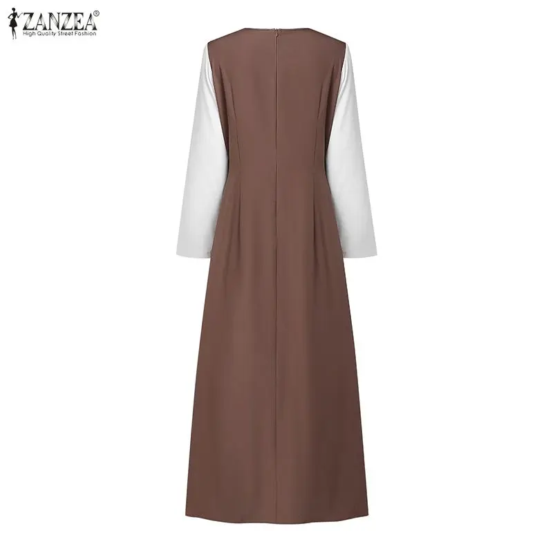 ZANZEA Muslim Fashion Women Maxi Dress Layered Design Color-Blocked Patchwork Pleated Long Dresses Islamic Hijabs Abaya Robes