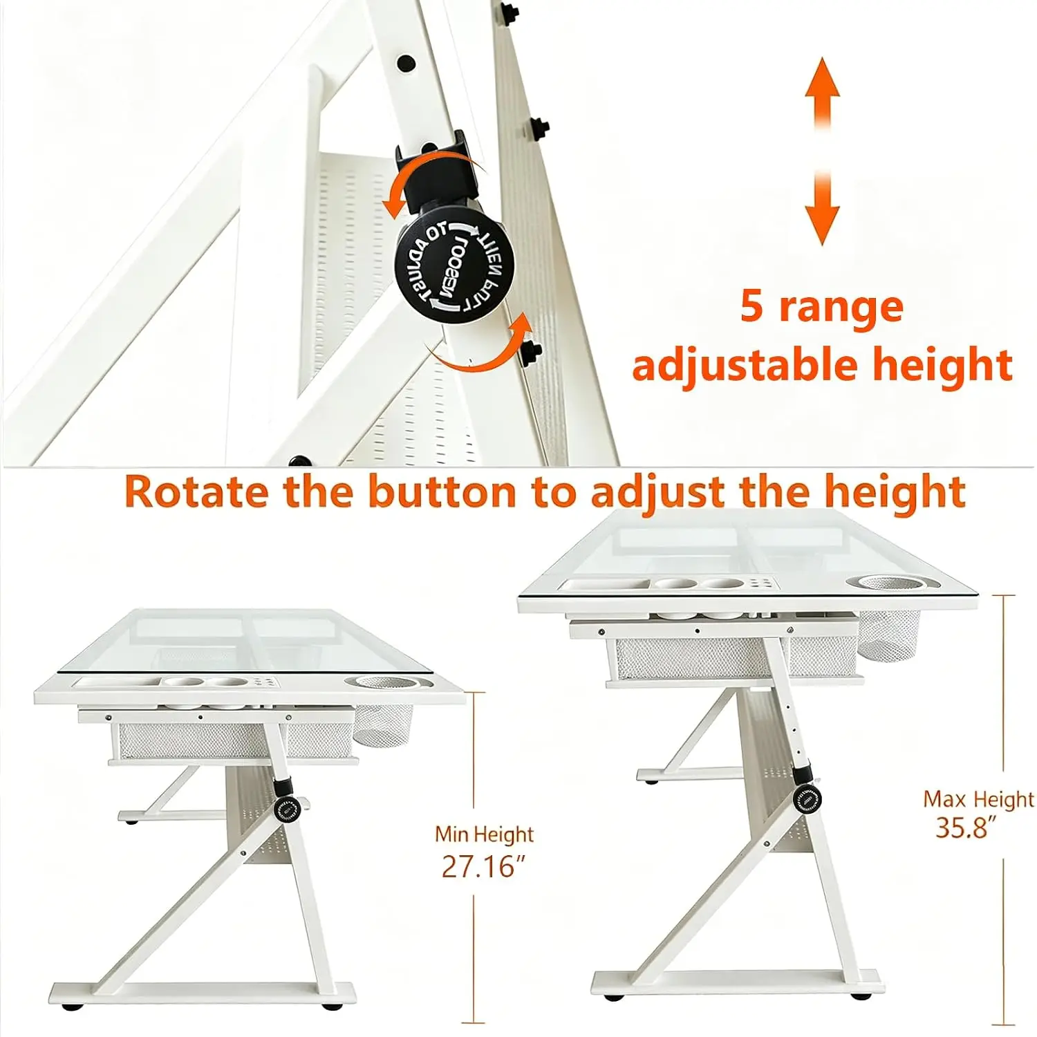 Height Adjustable Glass White Drafting Table with 2 Storage Drawers & Stool