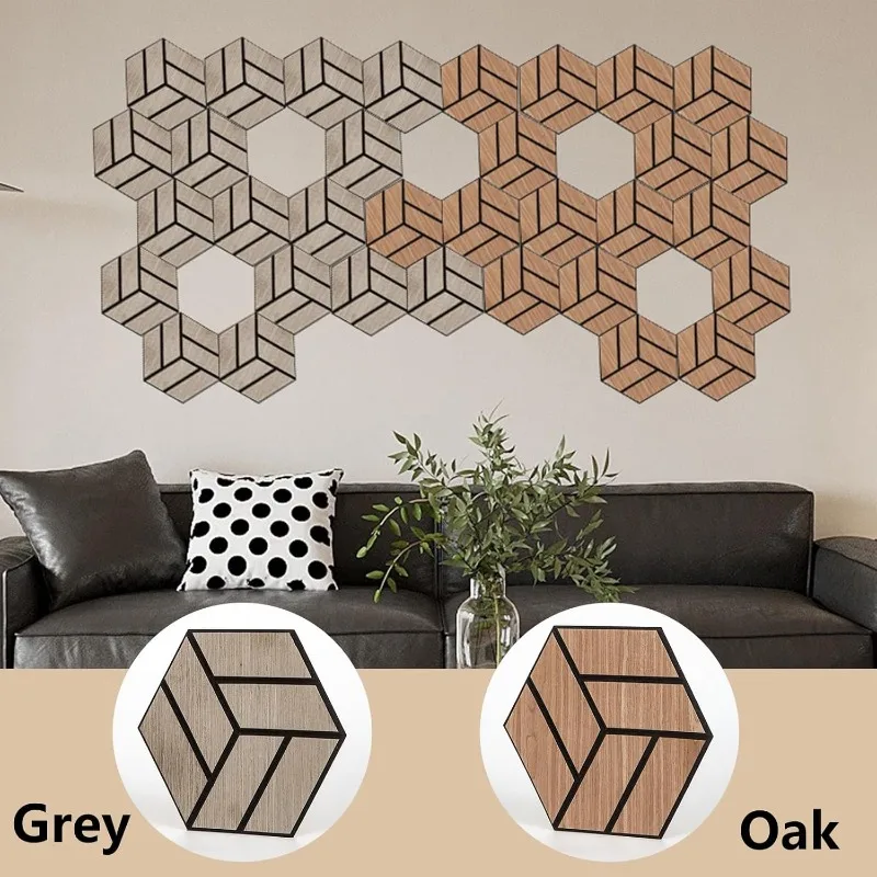 3D Groove Design Soundproof Wall Panels Wood Grain Hexagonal Self-Adhesive Acoustic Wall Stickers for Bedroom Backgrounds Decor