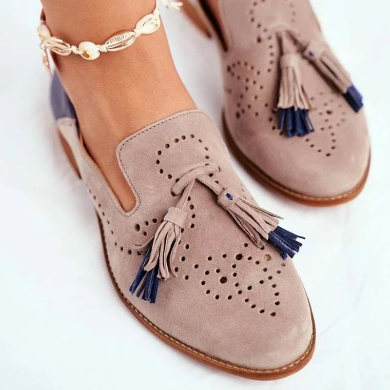 

Women Loafers Tassels Genuine Sheepskin Moccasin Pointed Toe Ladies Flat Shoes Handmade Carved Color Matching Breathable 2023