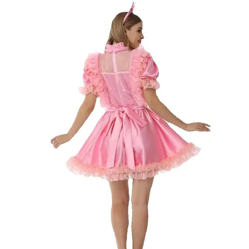 Sweet Pink Sheer Pleated Front with Smooth Satin Short Sleeved Lace Lock Edge Independent Apron Fetishistic Sissy Dress