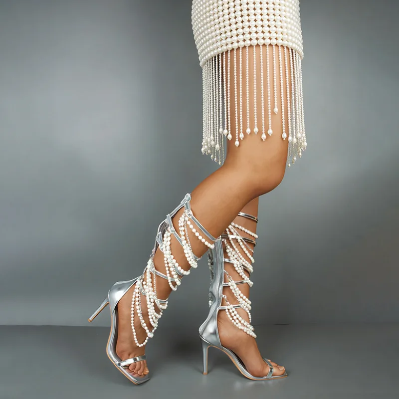 

Luxury Multi Layer Pearl Ankle Wrap High Heel Sandals New Square Toe Stiletto Party Wedding Evening Dress Slip on Strap Footwear