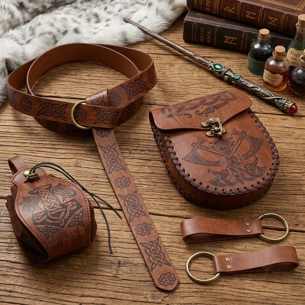Medieval Fantasy Style Costume Accessories Celtic Knot Pattern Leather Belt Punk Fanny Pack Drawstring Coin Purse Skirt Clips Viking Knight Cosplay Props view 2