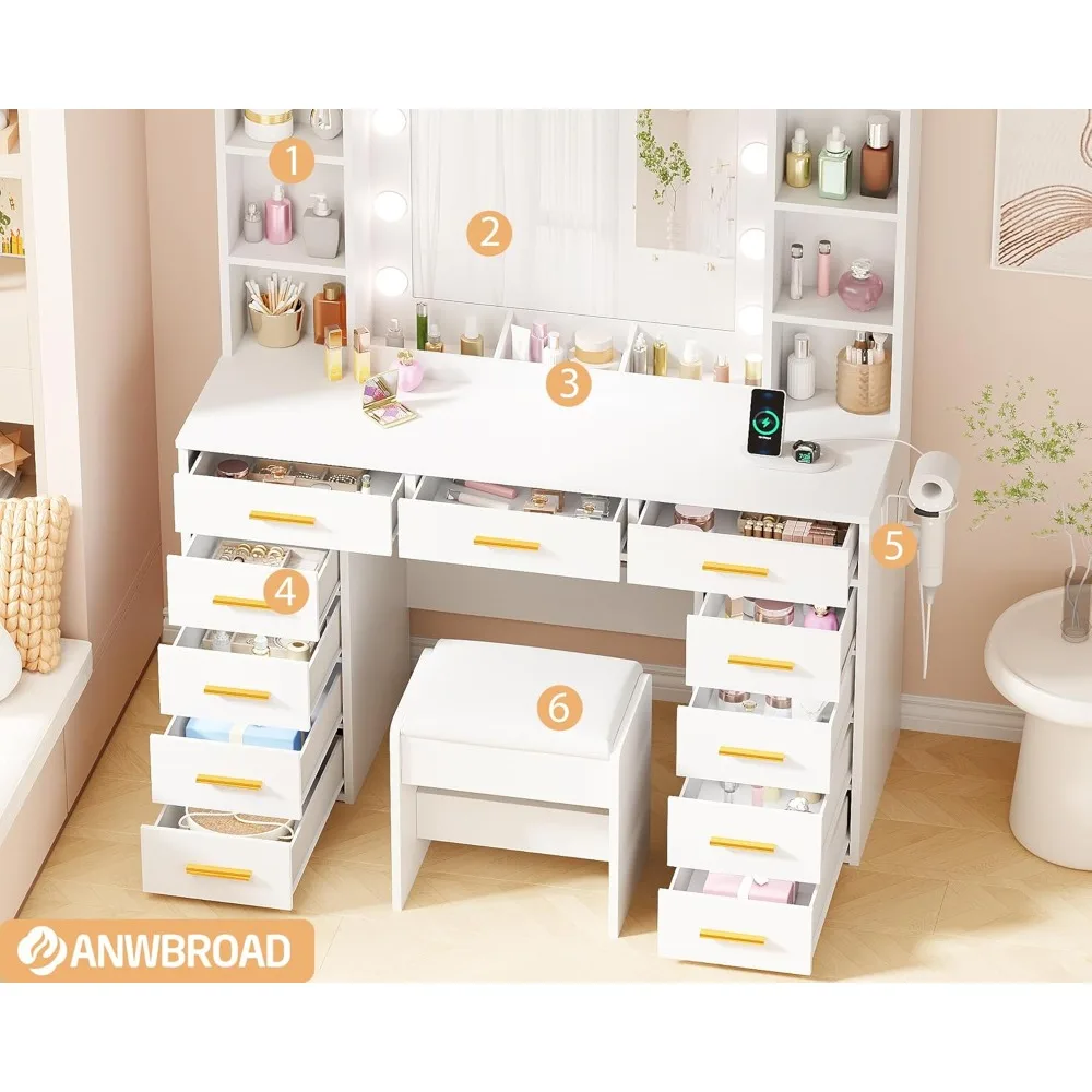 مكتب مكياج أبيض مع مرآة وأضواء ومخرج طاقة و11 درج و9 أرفف وحامل مجفف الشعر