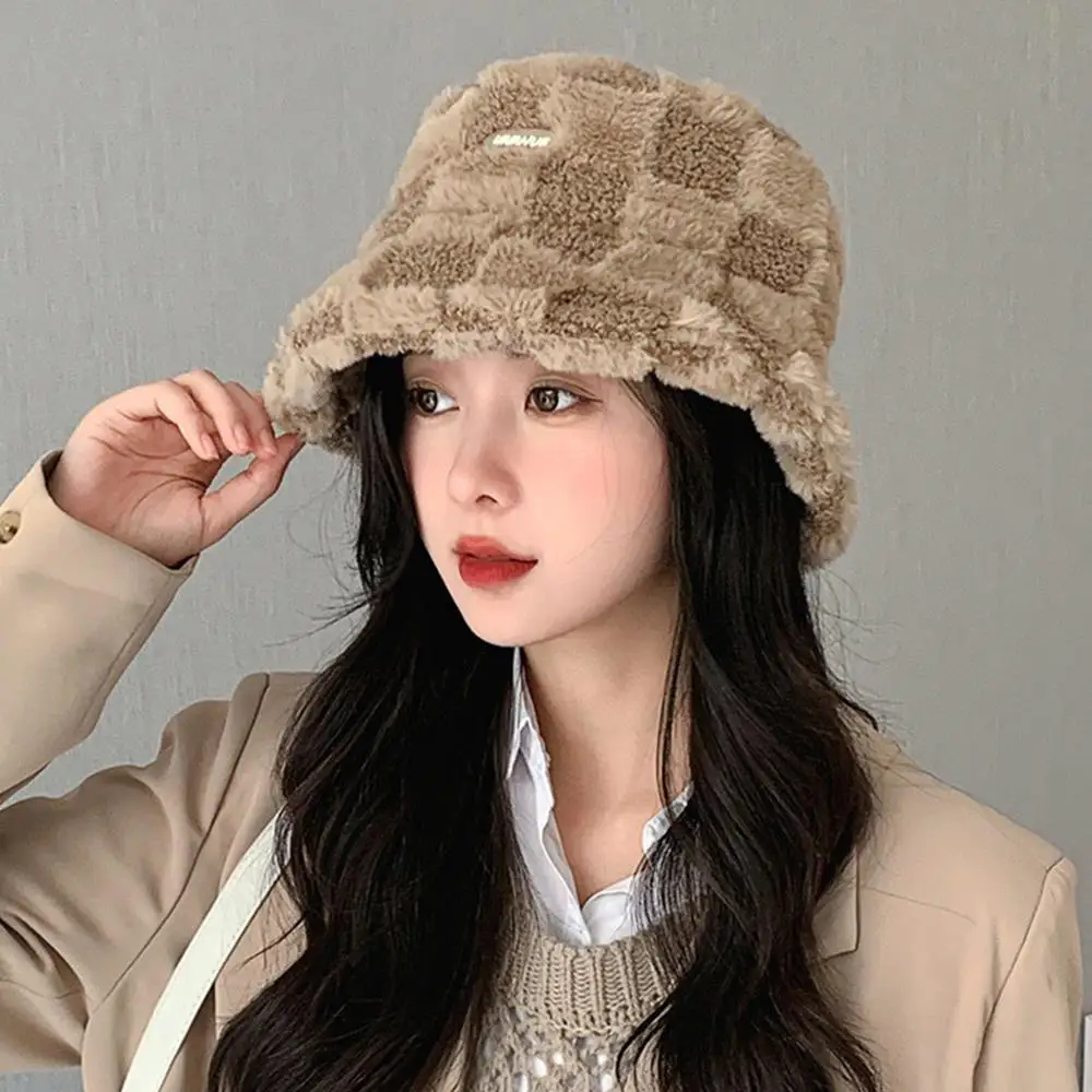 Lamb Plaid Bucket Hat Winter Warm Velvet Hats For Women Girl's Thicken Bob Panama Outdoor Fisherman Sun Protect Hats Caps Gorro