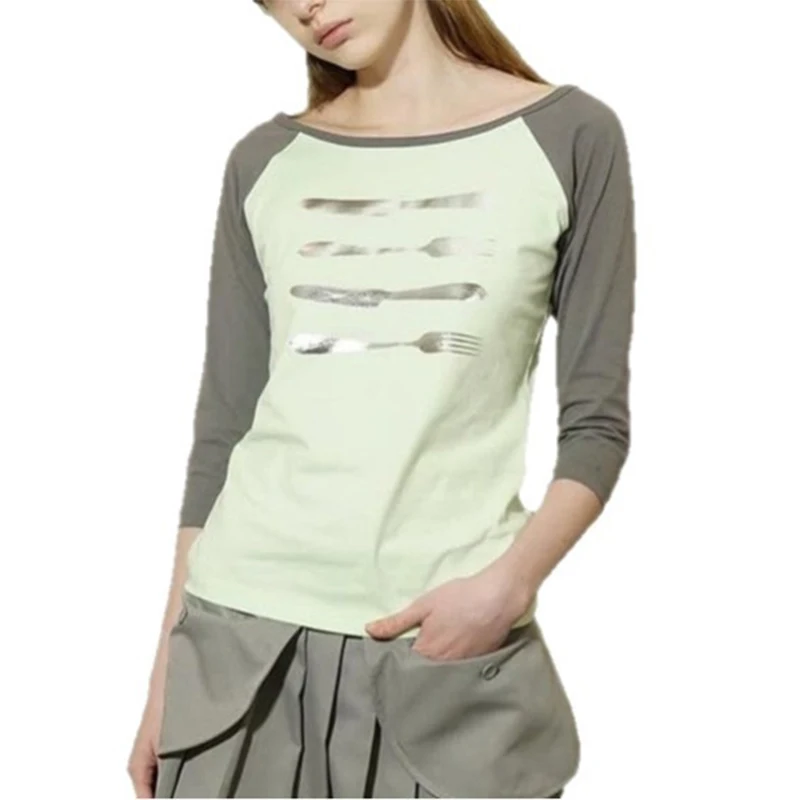Y2K Vintage Women Boat Neck Raglan Tee Metallic Cutlery Knife Fork Print 3/4 Sleeve Contrast Color Slim Fit Casual Street T‑Shir