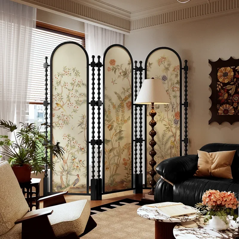 for American Medieval Solid Wood Screen Partition Retro Folding Mobile Divider for Living Room Sofa Bedroom Dining Room