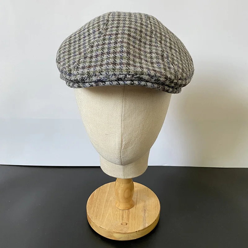 Gray Plaid Newsboy Hat Wool Womens Mens Ivy Cap Cabbie Driver Hat Autumn Winter Flat Hats Vintage Gatsby Beret 49