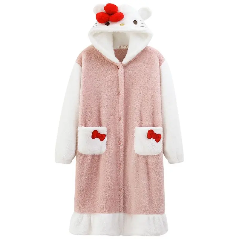 Carino nuovo Hello Kitty Robe e pantaloni femminile inverno peluche 2 pezzi pigiama Set addensato peluche caldo Casual Homewear camicia da notte